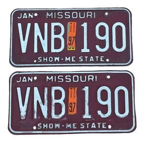 Missouri License Plate Show-Me State Dec 1997 Sticker Red White Automobile Tags